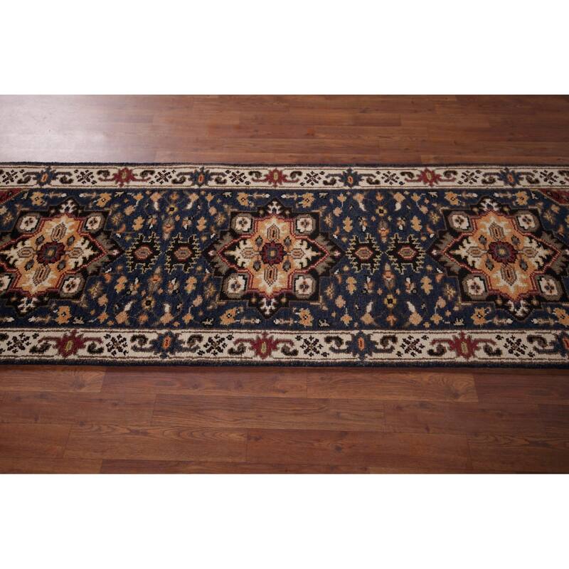 Blue Geometric Kazak Indian Runner Rug Handmade Oriental Wool Carpet - 2'8"x 8'2"