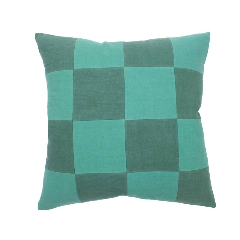 Jiti Indoor Modern Contemporary Bi-color Checkered Patchwork Pattern on Soft dyed Linen Square Throw Pillows Cushions - Teal