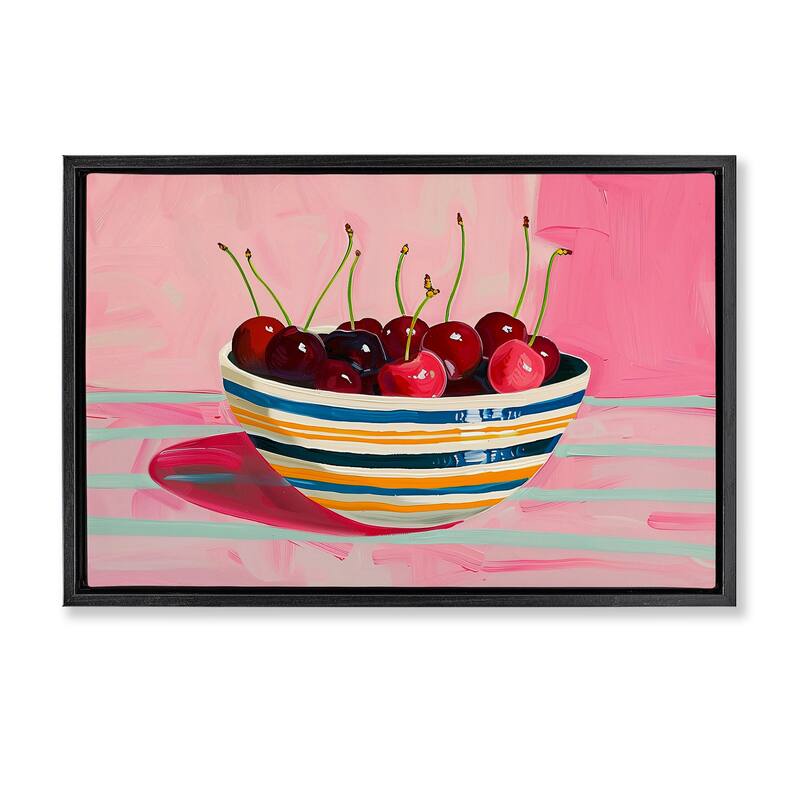 Stupell Bowl of Cherries on Pink Framed Floater Canvas Wall Art Design By Arlington Prints - 25 x 17 - Black