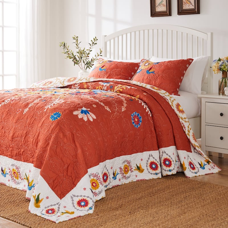 Barefoot Bungalow Topanga Orange Bohemian Floral Quilted Bedspread Set - Oversized King