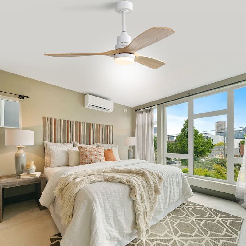 52" Solid Wood Noiseless 3-Blade Ceiling Fans with Dimmable LED Light Optional and Remote, 6-Speed Reversible DC Motor