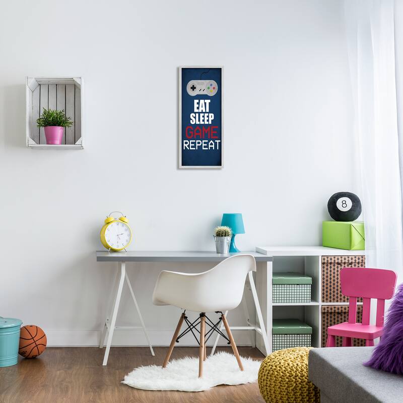Stupell Eat Sleep Game Repeat Pixel Typography Vintage Controller Framed Wall Art - Blue