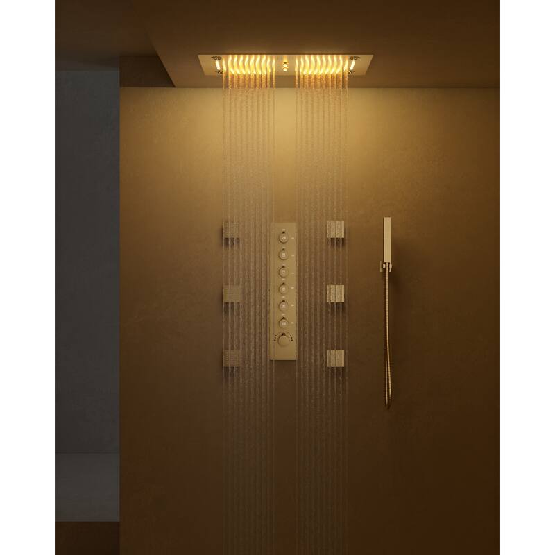 Shower Faucet System 28"*16" Ceiling Mount Shower Head with 4 Spray Mode Body Jets Handheld Spray LUXURY LED