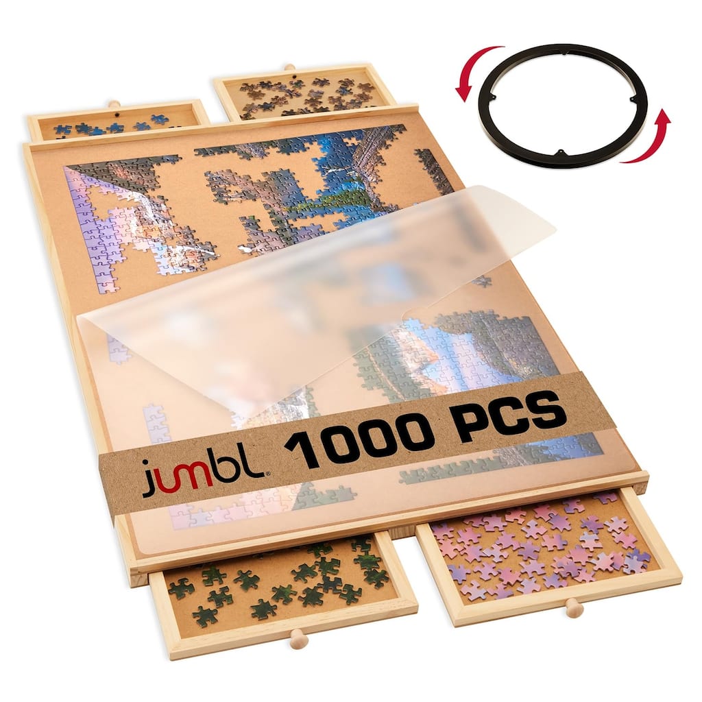 Jumbl Puzzle Board with Drawers, Lazy Susan & Cover - Rotating Wooden Jigsaw Puzzle Table - Brown