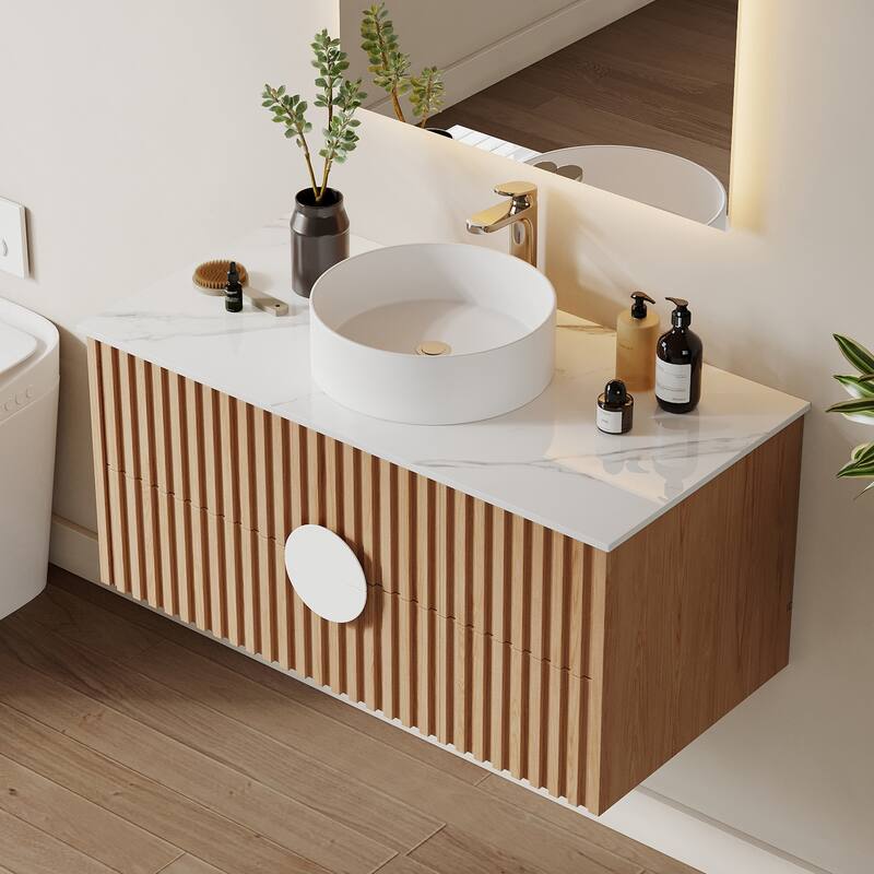 35.43" Floading Single Bathroom Vanities, with 2 Drawers, Glossy Sintered Stone Top, Light Wood
