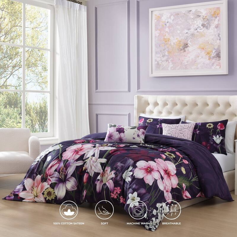 Bebejan Morning Glory 100% Cotton Sateen 5 Piece Reversible Comforter Set