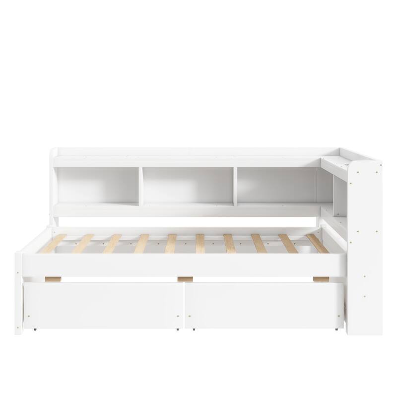 Twin Size L-shaped Bookcases Bed with Power Outlets, USB Charging Ports