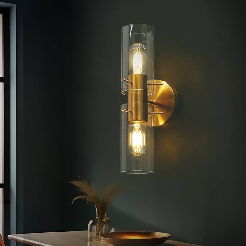 2-Light Modern Gold Wall Sconce Bathroom Light with Cylindrical Glass ...