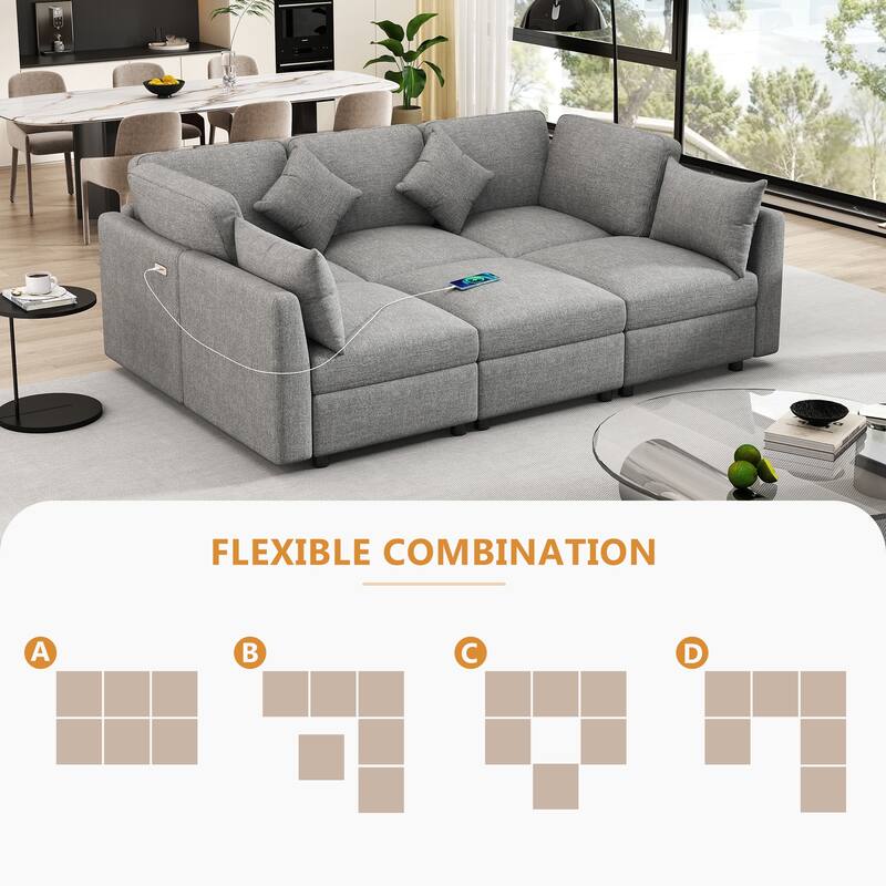 85.4" Chenille Modular Convertible U/L-Shaped Sectional Sofa with Ottoman & USB Ports