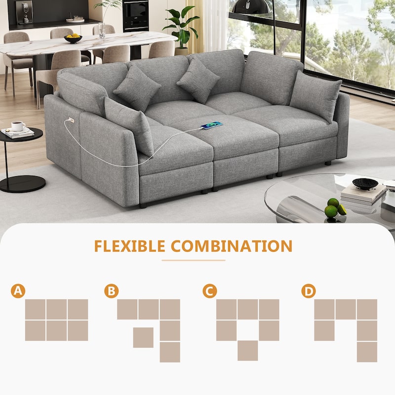 86.6" Modular Sectional Sofa with Ottoman and USB Ports, U-Shaped L-Shape Couch Bed with Chenille Fabric for Living Room