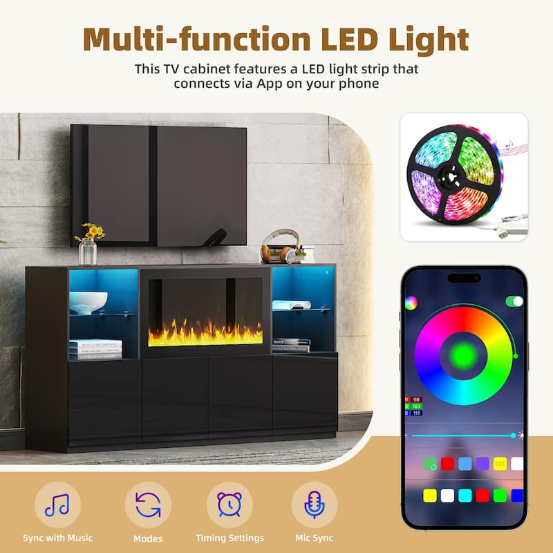 Modern LED TV Stand, for TVs up to 75 Inches with Electric Fireplace and Tempered Glass Shelf, for Living Rooms, Black