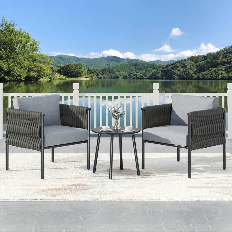 EROMMY 3-Piece Patio Furniture Set with Coffee Table, Outdoor Deep Seating Armchairs with Thick Cushions - Grey