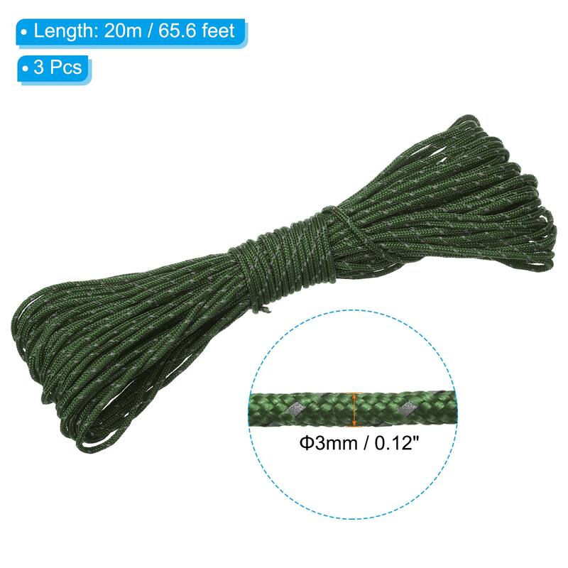 Reflective Guyline Camping Paracord，3 Pack Tent Cord Rope - Army Green - 3mm/ 0.12"