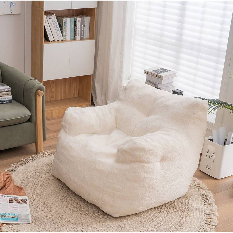 Soft Teddy Cloth Bean Bag Chair Tufted Foam Filling - White