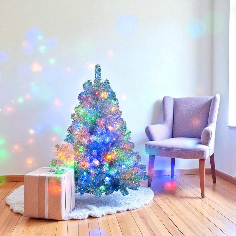 Silver Pre-Lit Artificial Christmas Tree 4FT/6FT/7.4FT with LED Lights, Hinged PVC Full Tree and Metal Stand