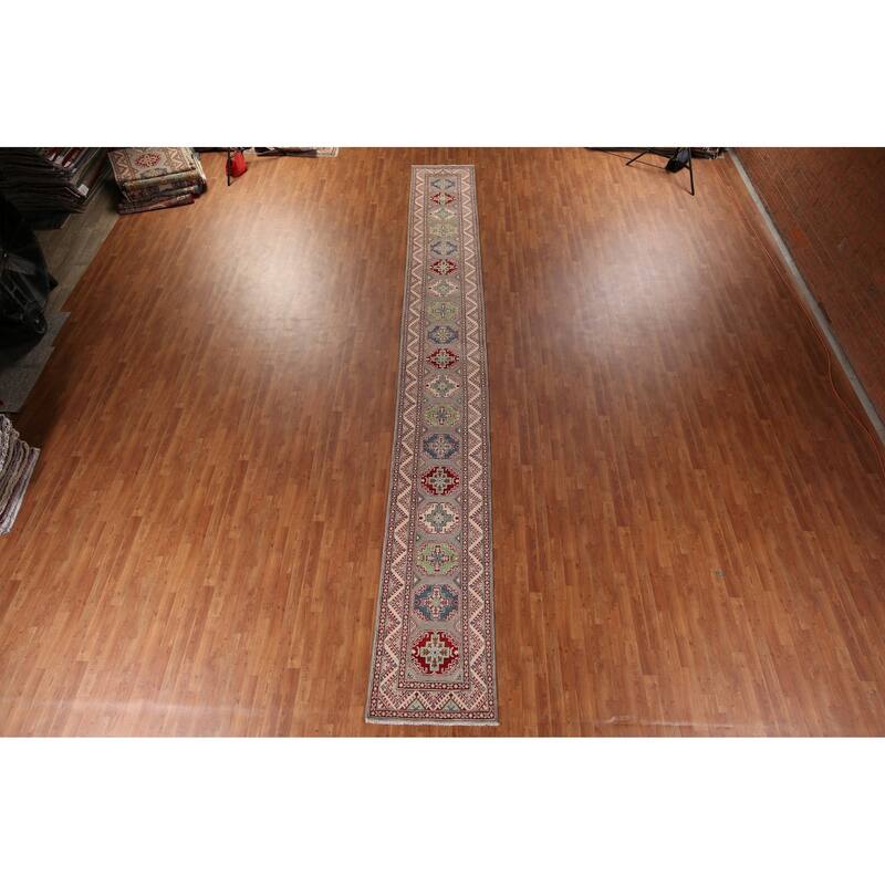 Gray Kazak Oriental Runner Rug Hand-Knotted Hallway Wool Carpet - 2'6" x 20'0"