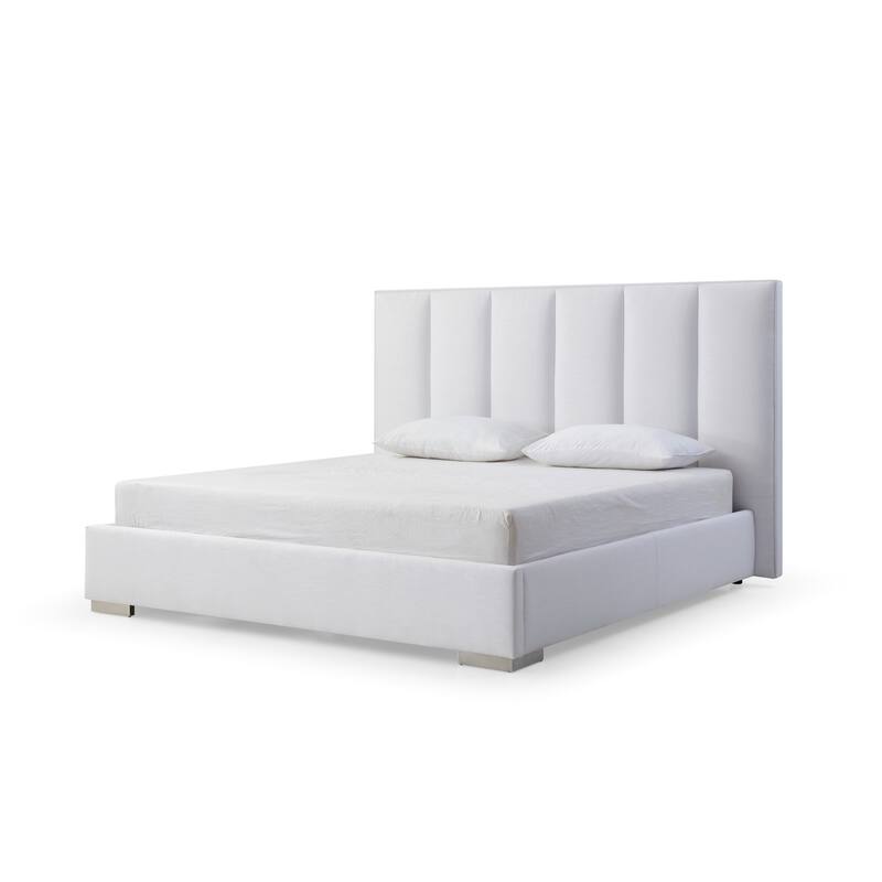 Queen Velvet Bed - Antique Ambiance, White Linen Blend Fabric, Stainless Steel Legs, Modern Design