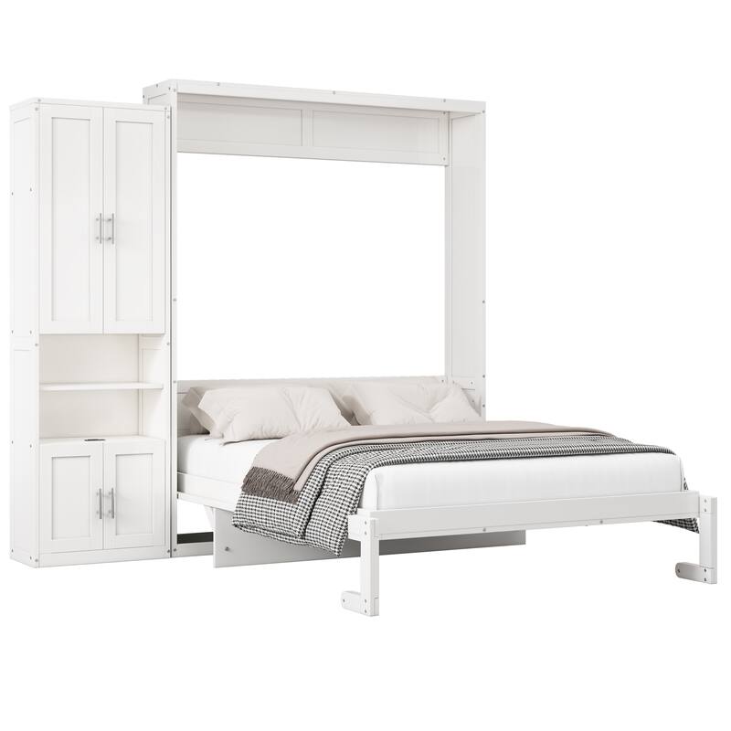 European Style Murphy Bed with Dual Piston System and Side Cabinet, Space-Saving Foldable Wall Bed Wood Bed Frame