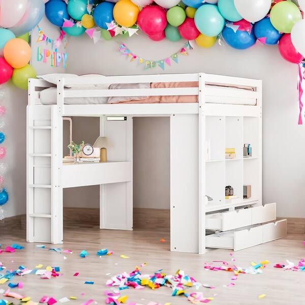 slide 2 of 11, Full Size Loft Bed with large shelves, writing desk and LED Light White