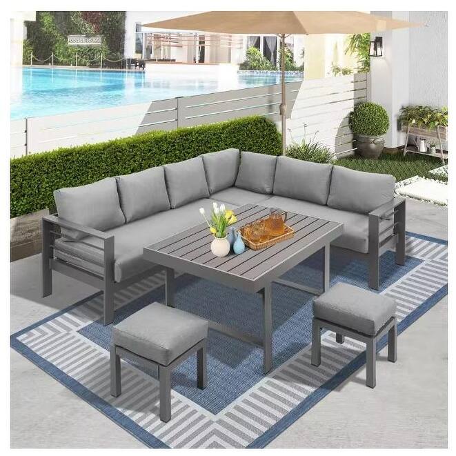 3-Pieces Outdoor All-Weather Grey Aluminum Sectional Sofa Conversation Set Corner Sofas with Dark Grey Cushions