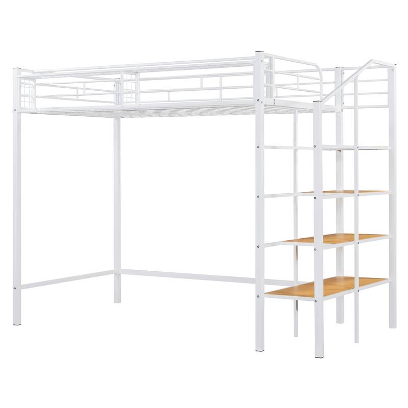 Twin Size Metal Loft Bed with Upper Storage Shelf and Lateral Ladder, White