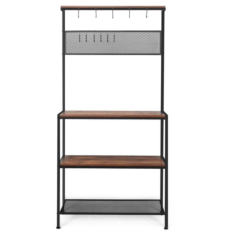 4-Tier Bakers Rack Kitchen Rack Stand with Hooks and Mesh Panel - Brown