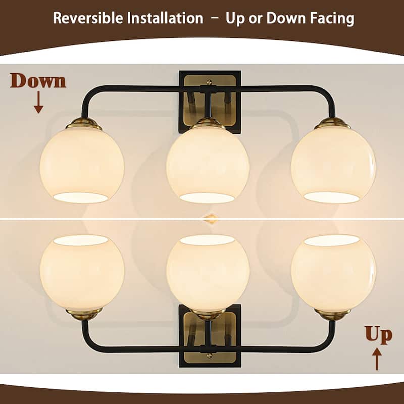 3-Light Modern Elegant Brass And Black Bathrooom Vanity Light with Round/Square Milk White Glass Shades