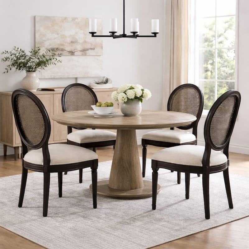 French Chic Vintage Dining Side Chair With Upholstered Linen Welted Fabric And Elegant Natural Rustic Wood Frame