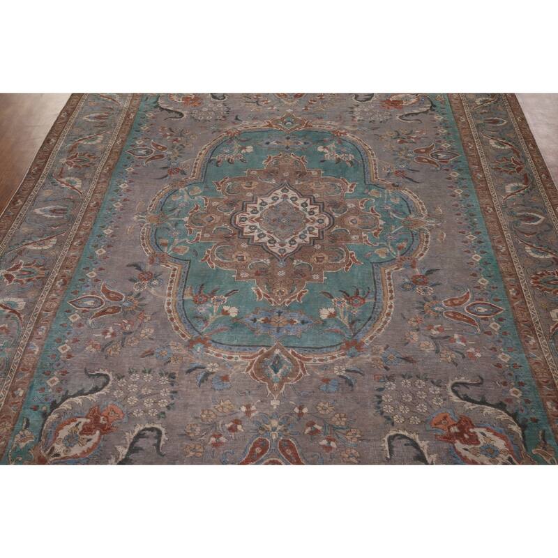 Gray Geometric Tabriz Persian Antique Area Rug Handmade Wool Carpet - 10'1" x 12'7"