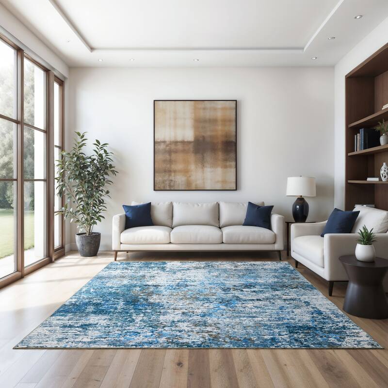 Vista Home Sunderland Icy Abstract Washable Blue/Ivory Area Rug Mat
