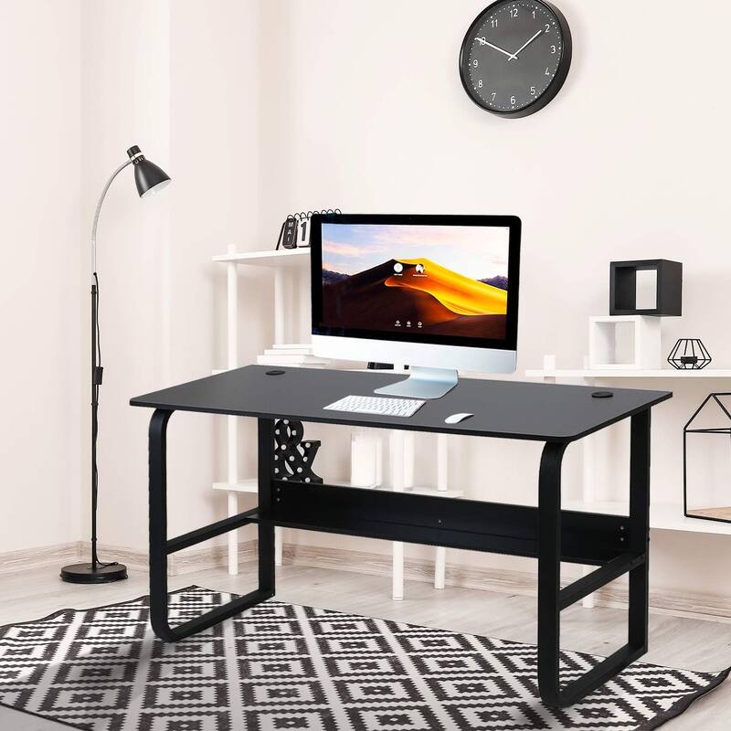 Modern Black Meatal Computer Office Desk Personal With Storage shelves