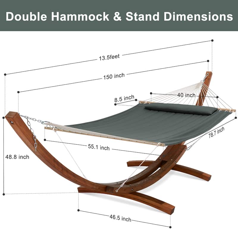 2 Person Large Quilted Hammock with 13.5 Ft Wooden Arc Hammock Stand