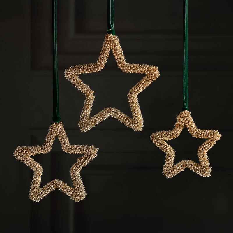 Golden Pearl Star Christmas Hanging Ornaments, Set of 12, 6"