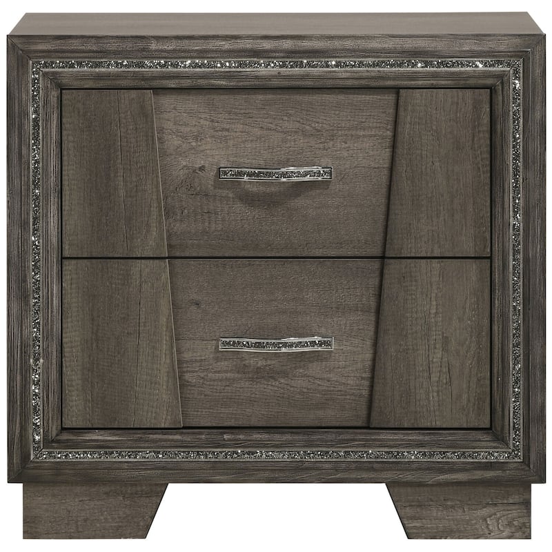 Grey Oak 2-Drawer Nightstand with Glitter Frame Strips, Shimmering Pulls, Felt Lined Top Drawer Storage