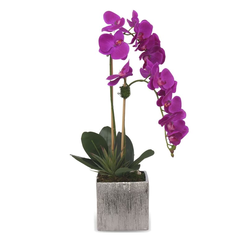 Real Touch Purple Orchids & Geodes Arrangement in Silver Ceramic Pot