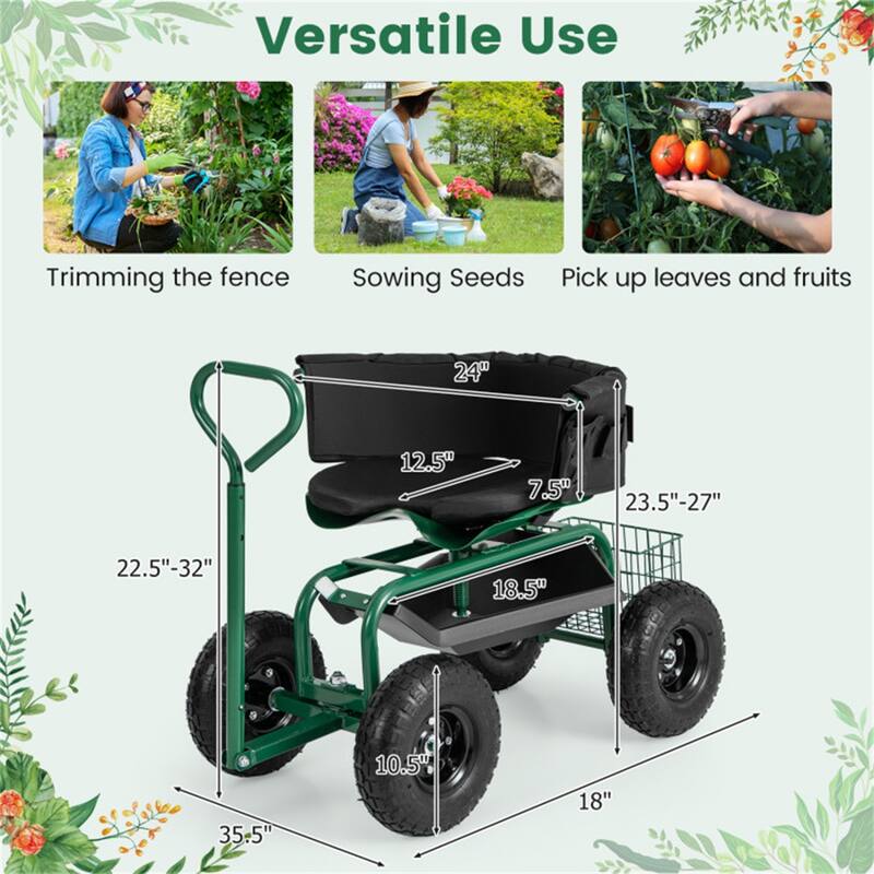 Adjustable Rolling Garden Cart with 360-Degree Swivel Seat Heavy-Duty Metal Frame Storage Basket - 35.5" x 24" x 23.5"-27"