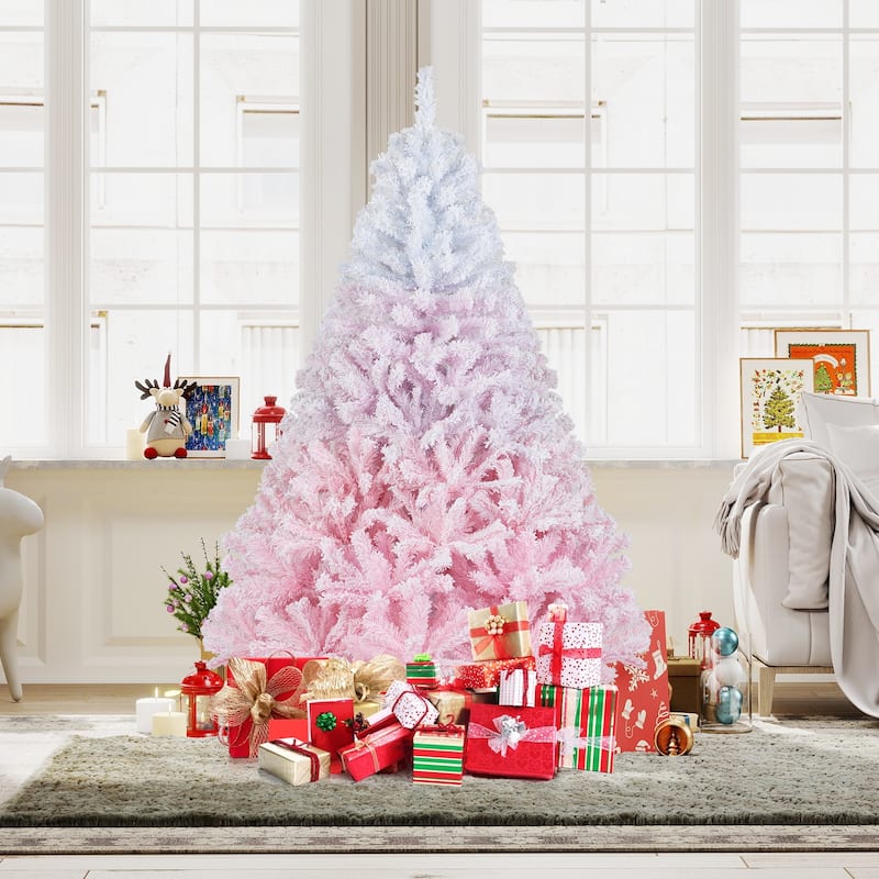 Gymax Artificial Christmas Tree Hinged Snow Flocked Xmas Tree w/ Lush - Pink, White