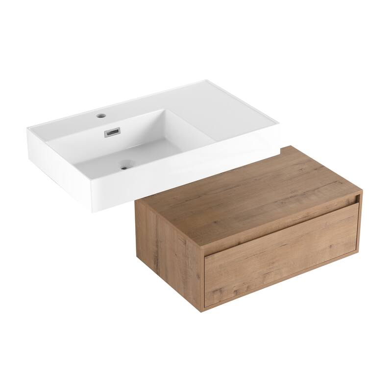 Wall-Mounted Bathroom Vanity with Single Resin Sink, Soft-Close Drawer, Floating Design in Imitative Oak Finish