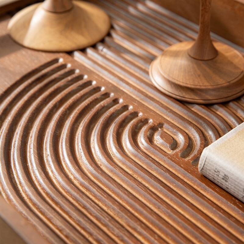 Glitzhome Set of 2 Rectangle Wood Abstract Carved Decorative Trays with Handles