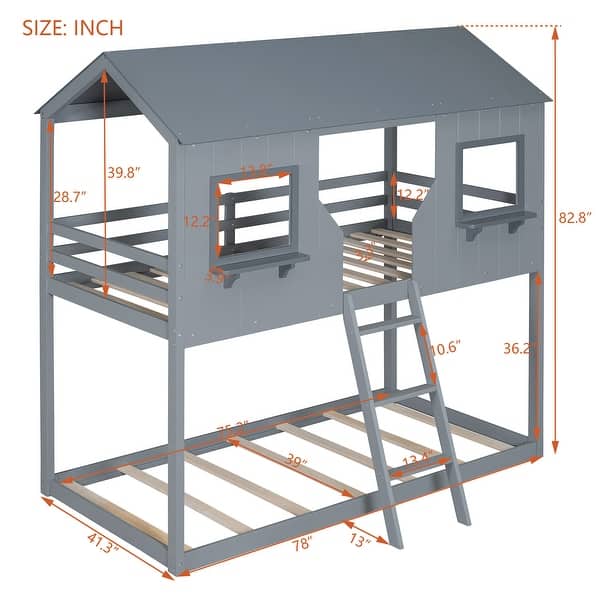 dimension image slide 1 of 2, Twin Over Twin Bunk Bed with Roof, Windows, Ladder, and Guardrails, Solid Wood Playhouse Design, Space-Saving for Kids, Grey
