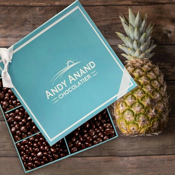 Andy Anand Chocolates- Freshly Farmed Pineapples Covered In Brazilian Rich Dark Chocolate, Greeting Card Comes in Gift Basket. Opens flyout.