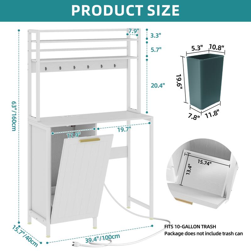 Kitchen Baker's Rack with Mini Fridge Space Trash Can Cabinet and Charger Station for Dorm or Small Space Organization
