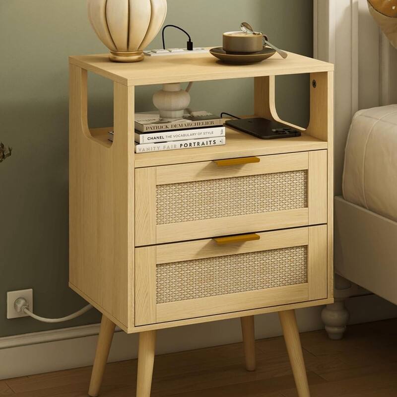 Rattan Nightstand with Chargers, Modern Nightstand with 2 Storage Drawers and Open Wooden Shelf -  Yellow Oak