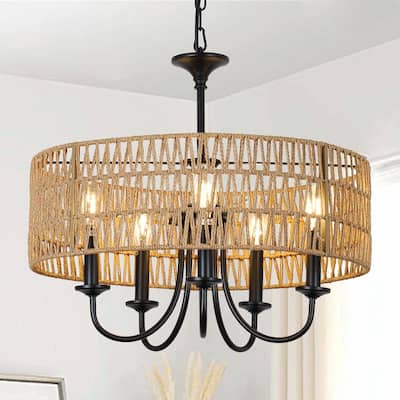 5-Light Farmhouse Chandelier - Hand-Woven Rattan with Gooseneck Metal Frame