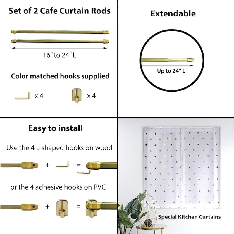 Bundle 2 Cafe Curtain Rods with 4 Self Adhesive Matching Hooks
