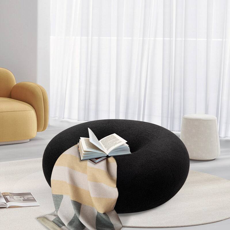 XINMICS 29.7" Donut Teddy Fleece Fabric Pouf Ottoman - Black