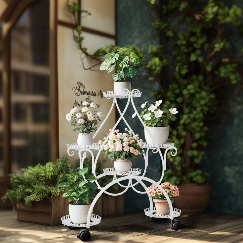 European White 6 Tiers Flower Stand with Rolling Wheels heart-shaped Multi-layer Rack