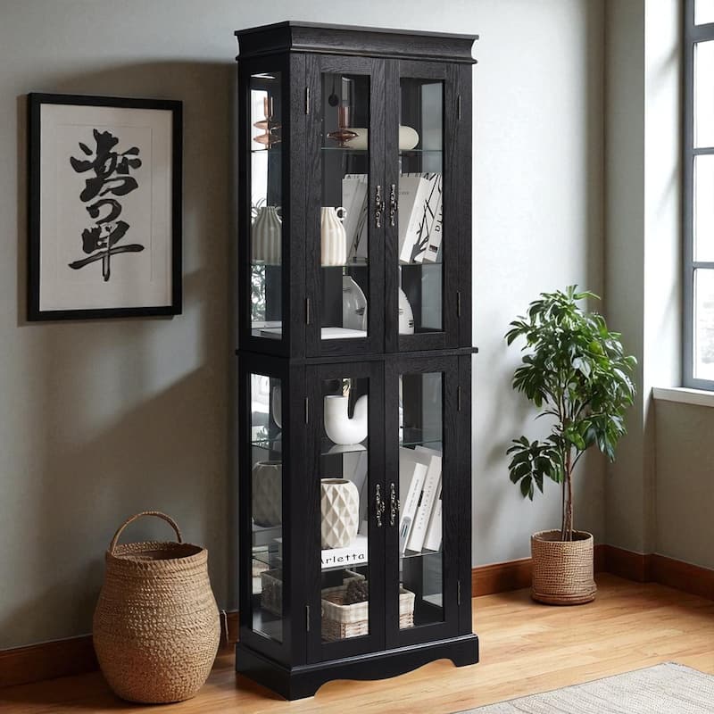 70" Lighted Glass Curio Display Cabinet with Wood Frame, Adjustable Shelves & Six-Tier Storage for Wine, Toys & Collectibles
