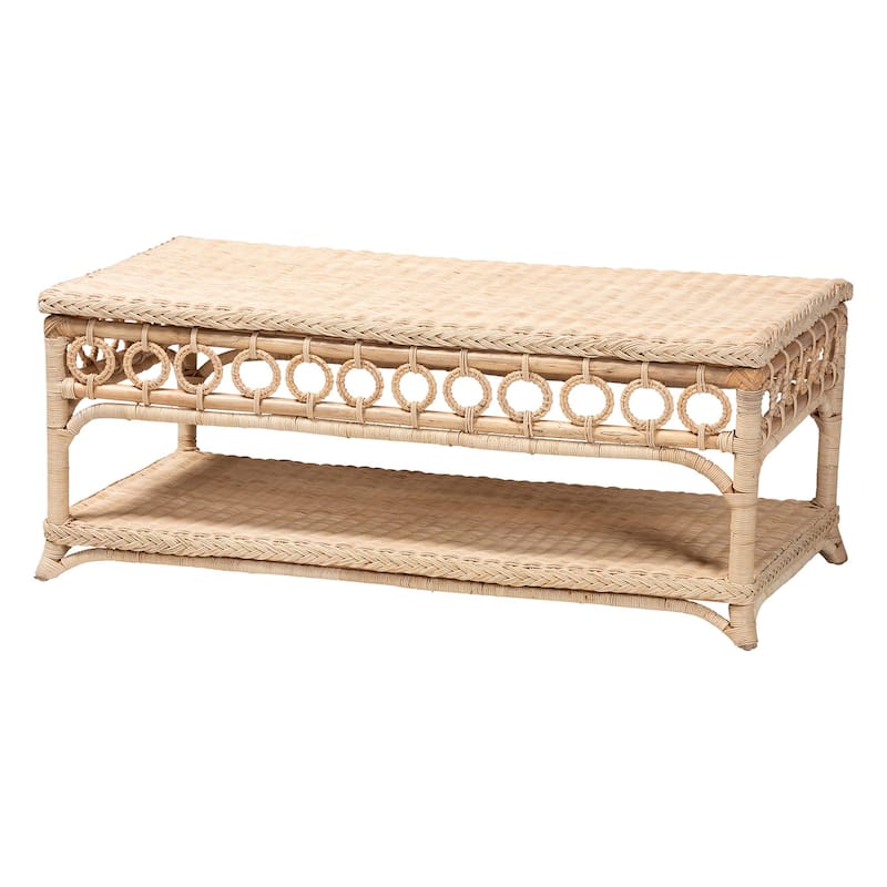 Oxford Braided Natural Rattan Coffee Table with Open Shelf - Coastal Living Room Accent Table with Decorative Loop Detailing - Natural