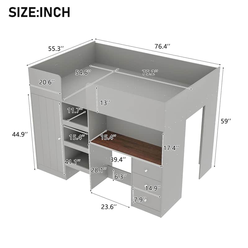 Grey Full Size Solid Wood Loft Bed with Wardrobe, Desk, and Shelves